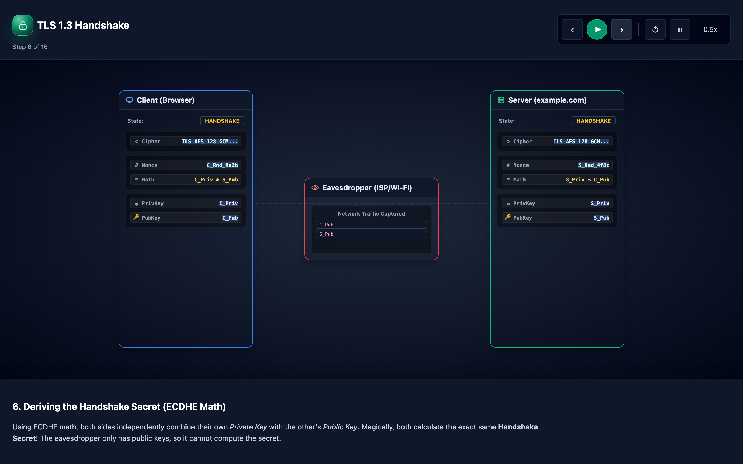 Interactive visualization of the TLS 1.3 handshake showing ClientHello, ServerHello, key exchange, certificate verification, and encrypted data flow step by step